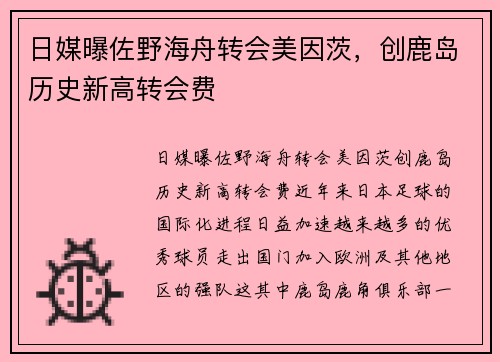 日媒曝佐野海舟转会美因茨，创鹿岛历史新高转会费