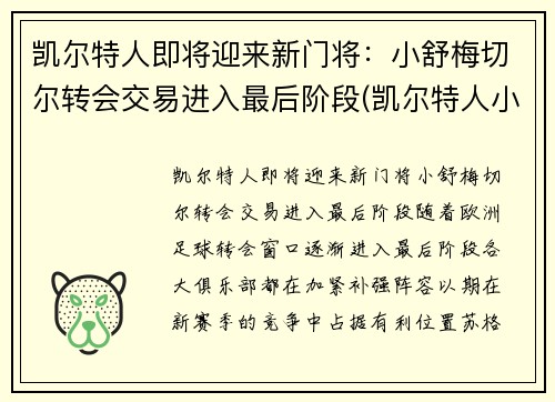 凯尔特人即将迎来新门将：小舒梅切尔转会交易进入最后阶段(凯尔特人小球迷)